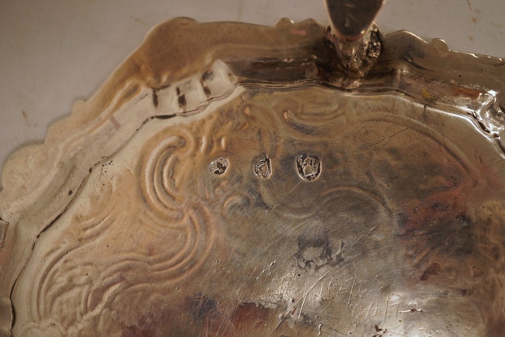 A Georgian Irish silver waiter, by John Dawson?, Dublin, circa 1760, 16.5cm, 7.3oz (tired and repaired).